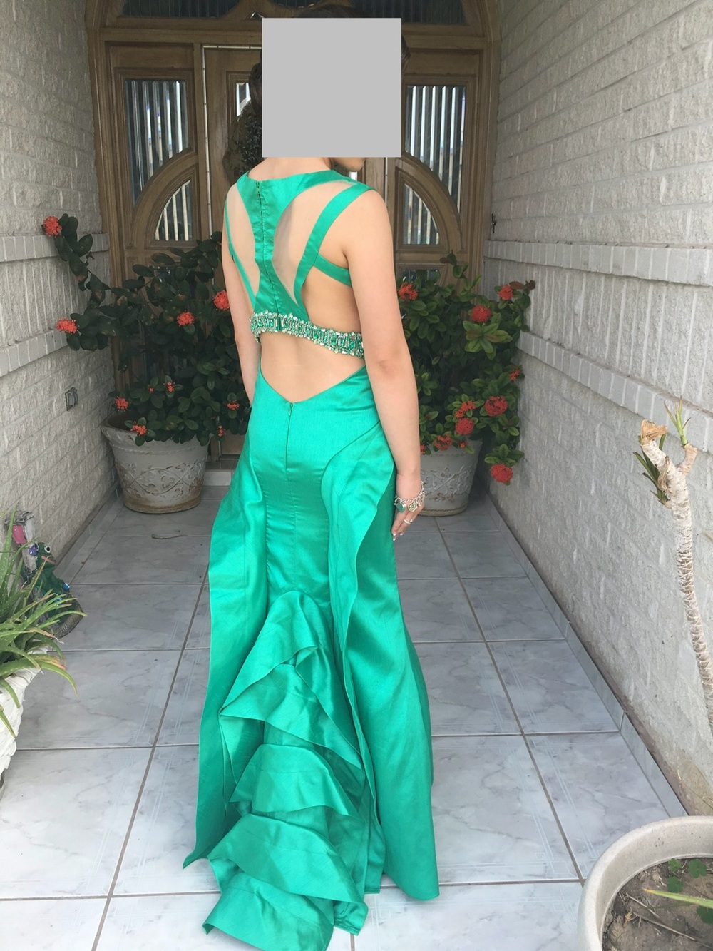 Tony Bowls Emerald Green Satin Open-Back Mermaid Gown with Ruffled Train